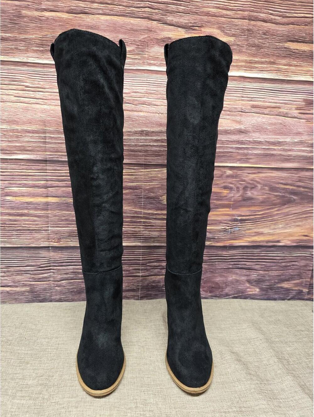 Oasis Society Black Suede Knee High Slouch Saint Boots Block Heel US Size 6.5